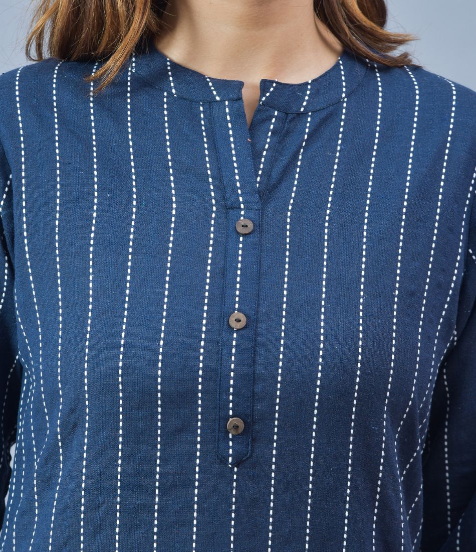 Navy Blue White Cotton Stripe Women Top