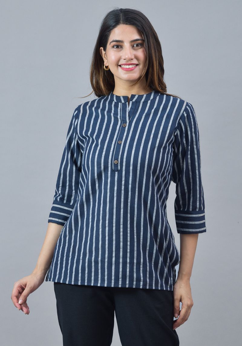 Navy Blue White Cotton Stripe Women Top