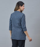 Navy Blue White Cotton Stripe Women Top