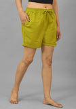 Olive Green Solid Cotton Flax Shorts