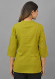 Olive Green Solid Cotton Flax Women Top