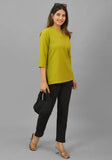 Olive Green Solid Cotton Flax Women Top