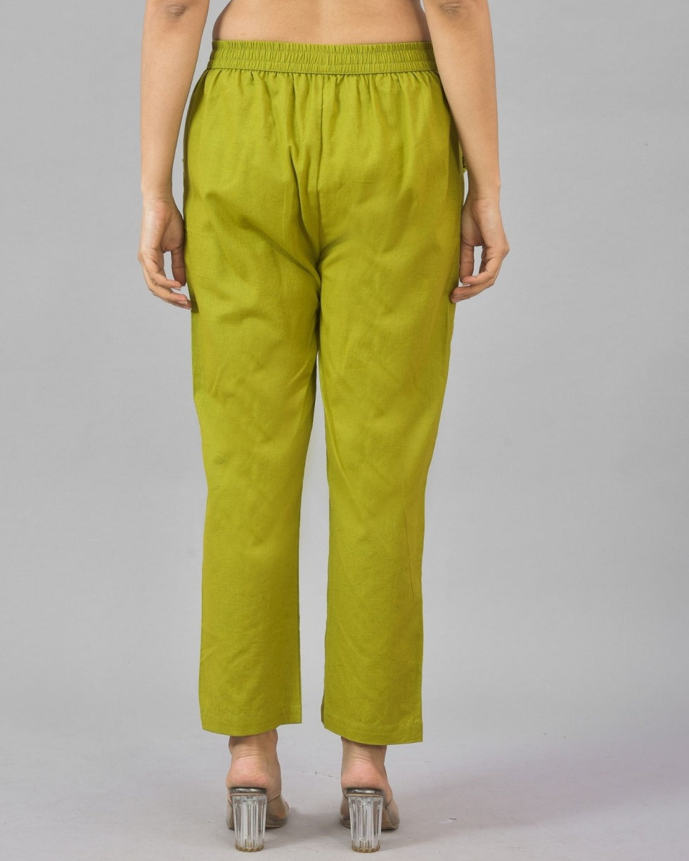 Combo of 2 Olive Green and Green Cotton Flax Women Trouser Pant-10371