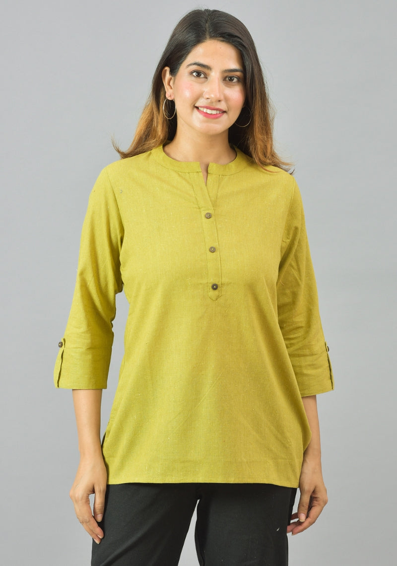 Olive Green Solid Cotton Flax Women Top