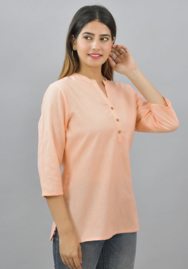 Peach Solid Cotton Flax Women Top