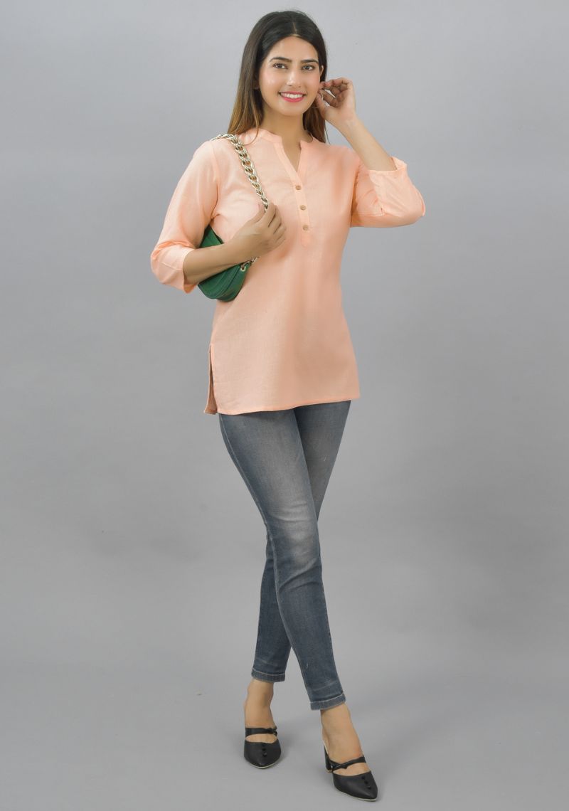 Peach Solid Cotton Flax Women Top