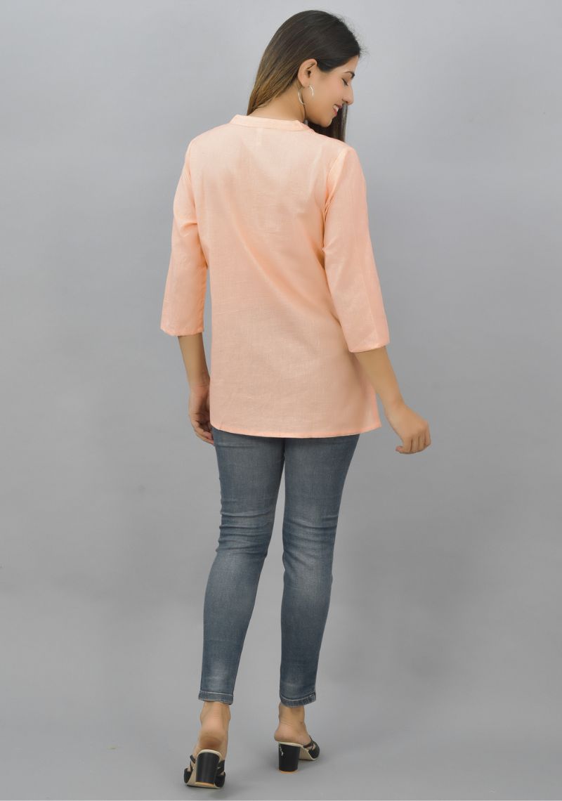 Peach Solid Cotton Flax Women Top