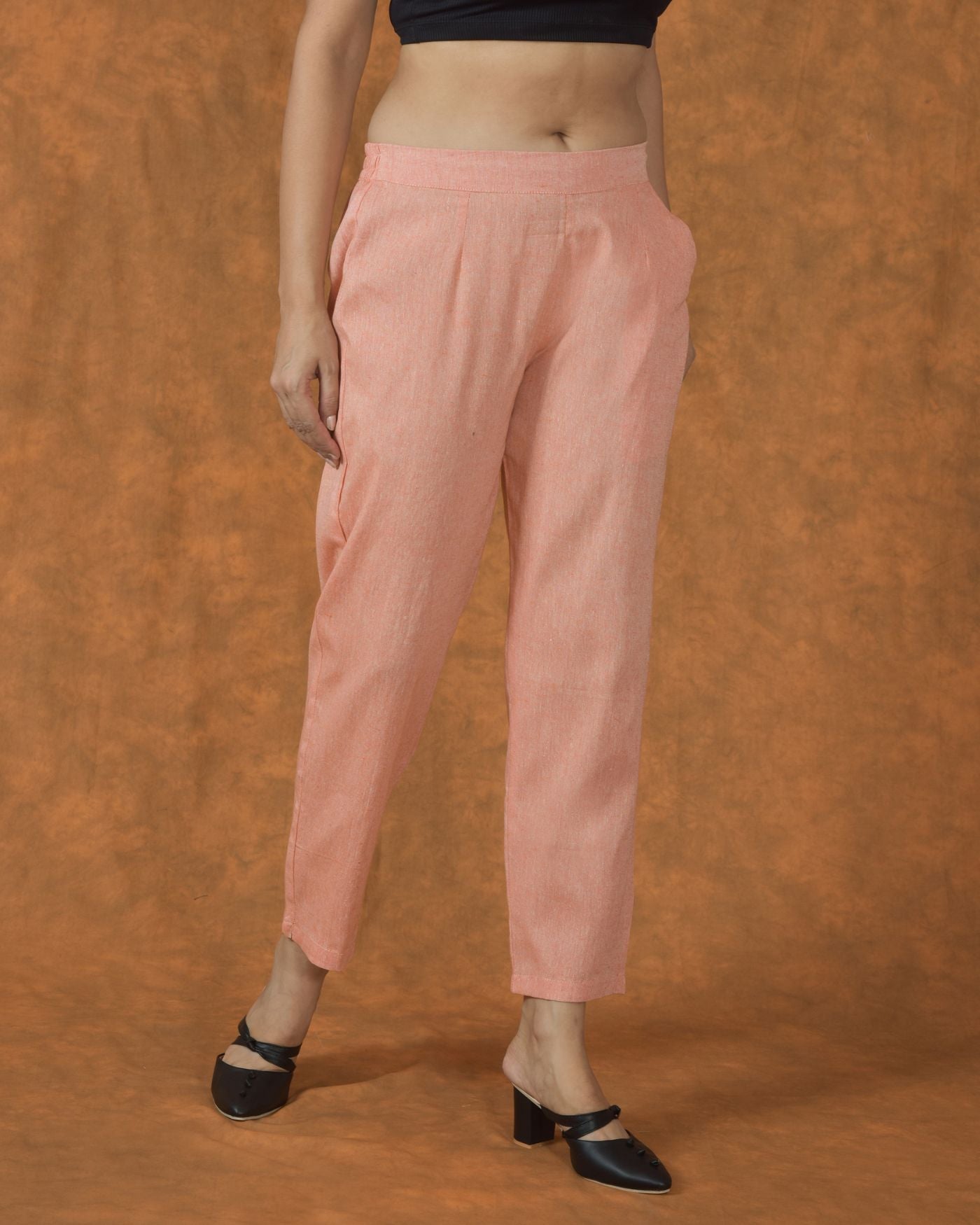 Women Peach Solid Cotton Trouser Pant