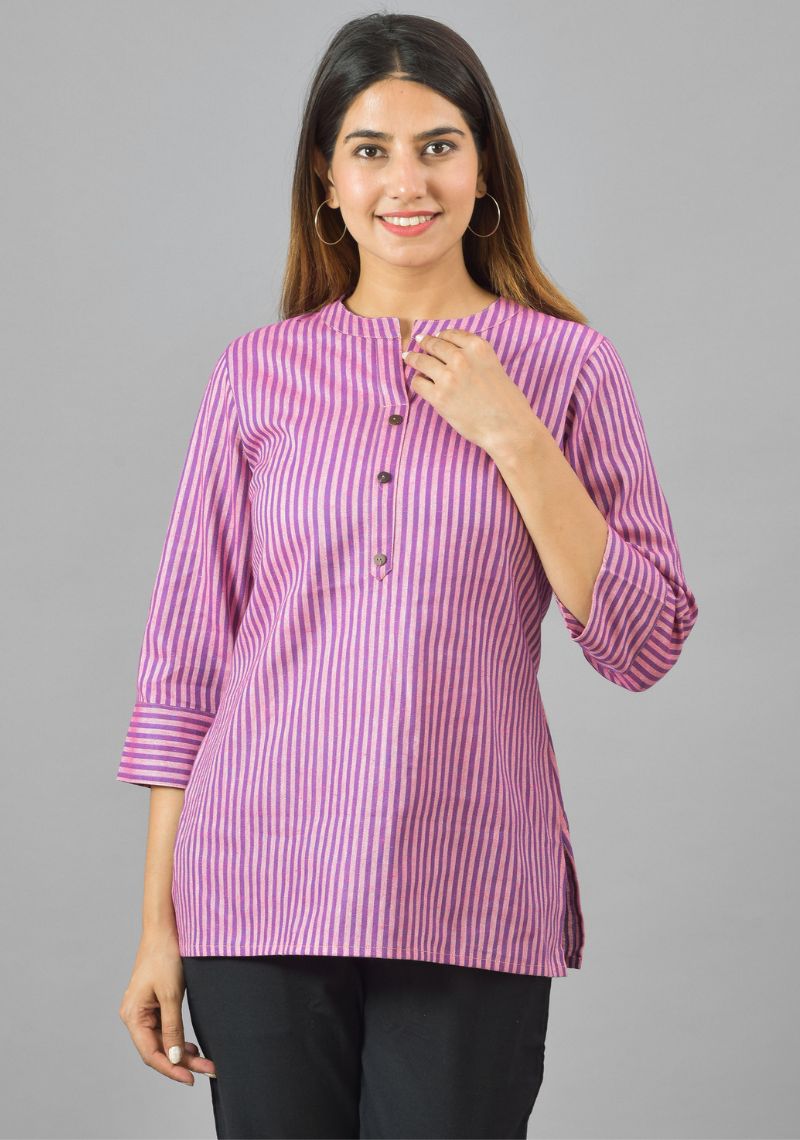 Pink Purple Cotton Stripe Women Top