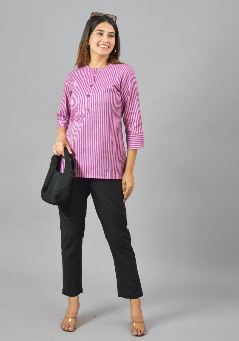 Pink Purple Cotton Stripe Women Top