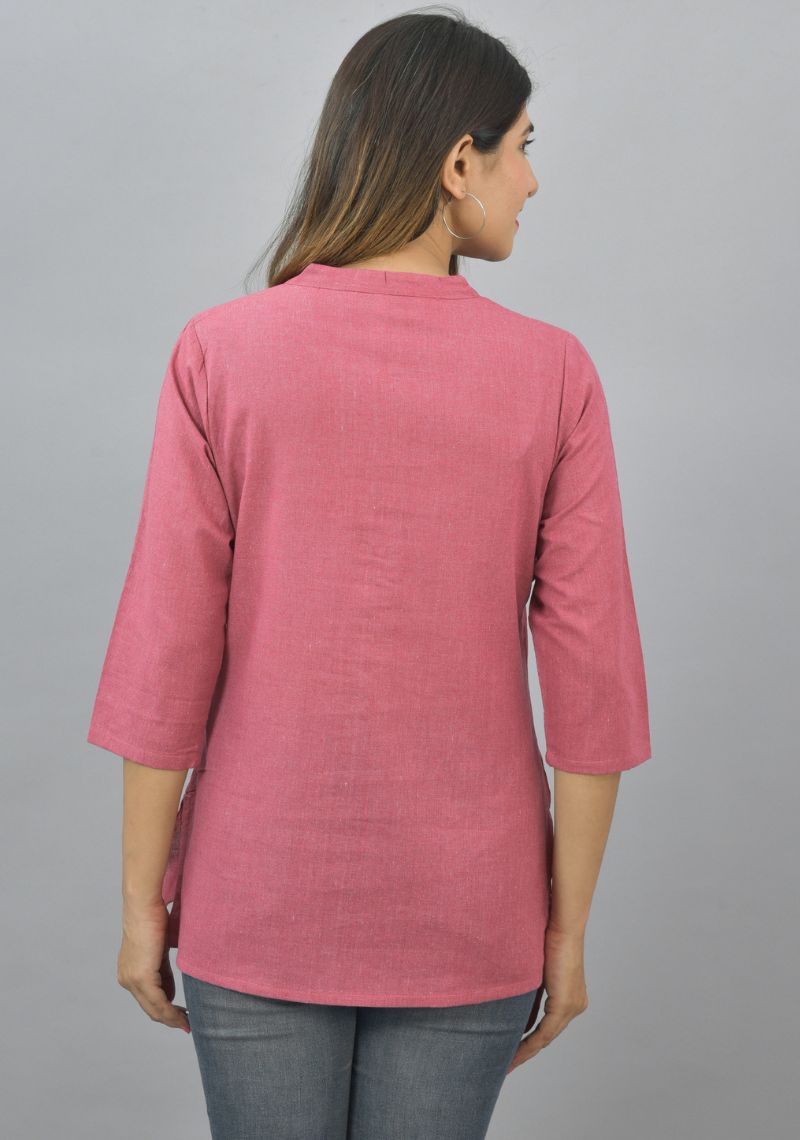 Pink Solid Cotton Flax Women Top