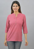 Pink Solid Cotton Flax Women Top