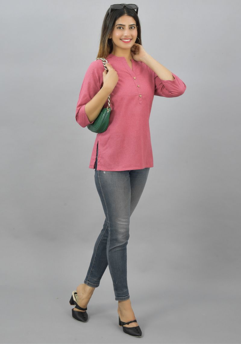 Pink Solid Cotton Flax Women Top