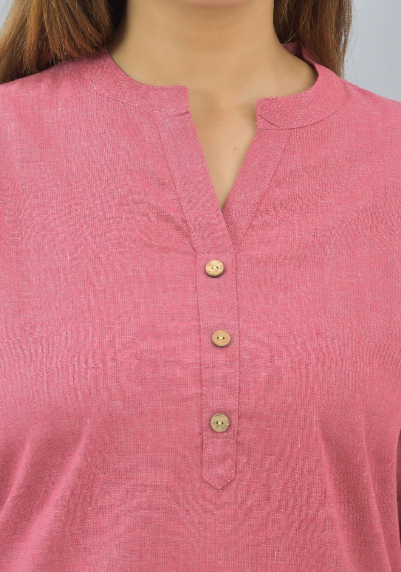 Pink Solid Cotton Flax Women Top