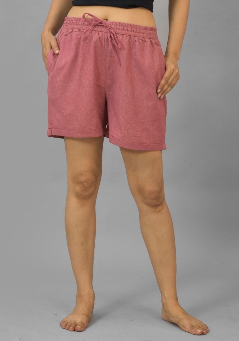 Pink Solid Cotton Shorts