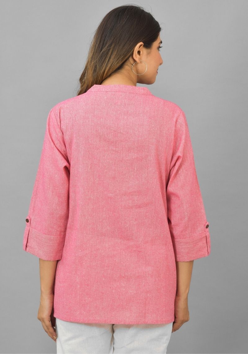 Pink Solid Cotton Women Top