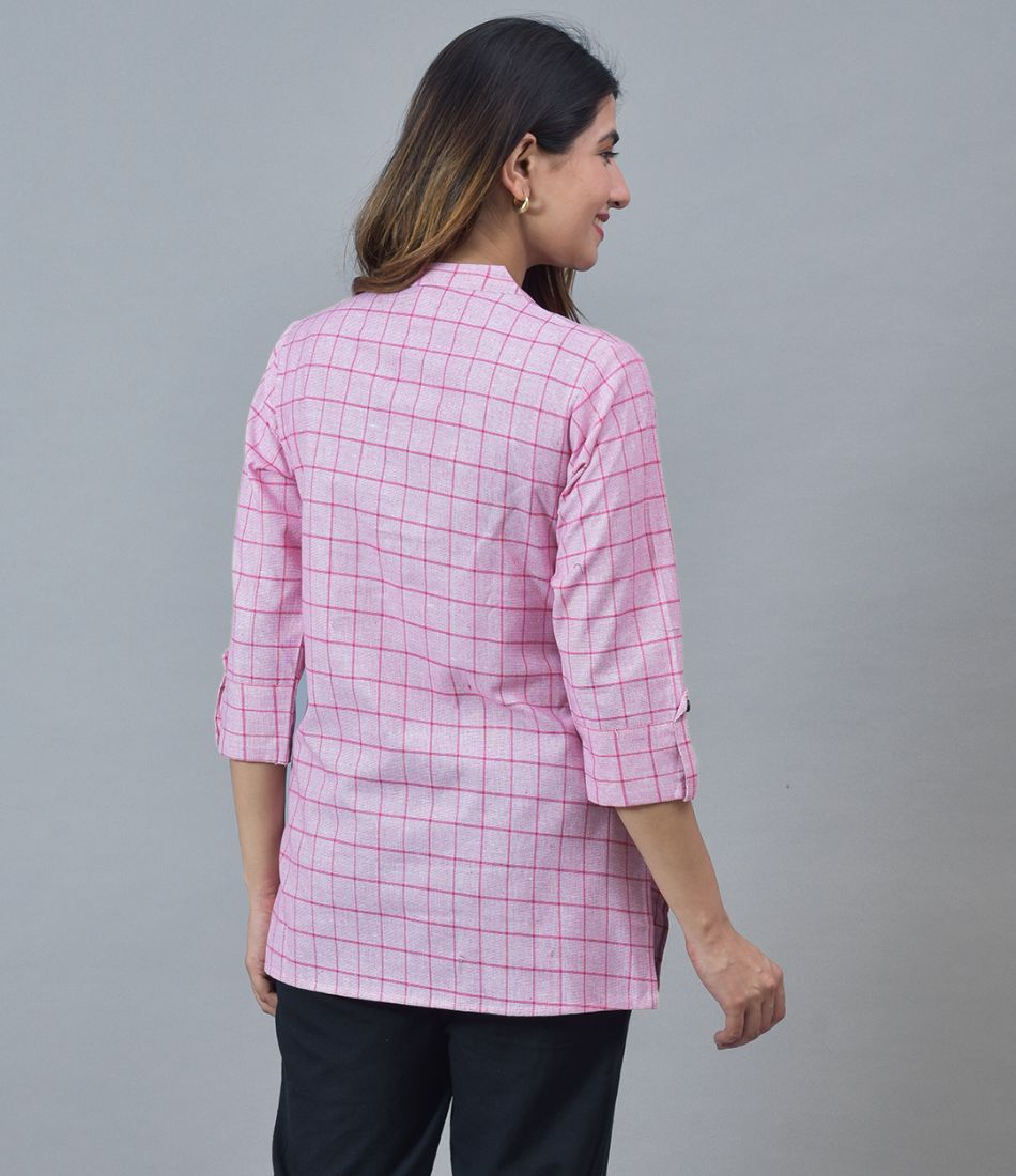 Pink White Cotton Checks Women Top