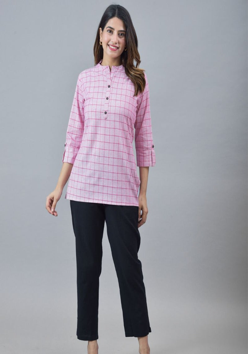 Pink White Cotton Checks Women Top