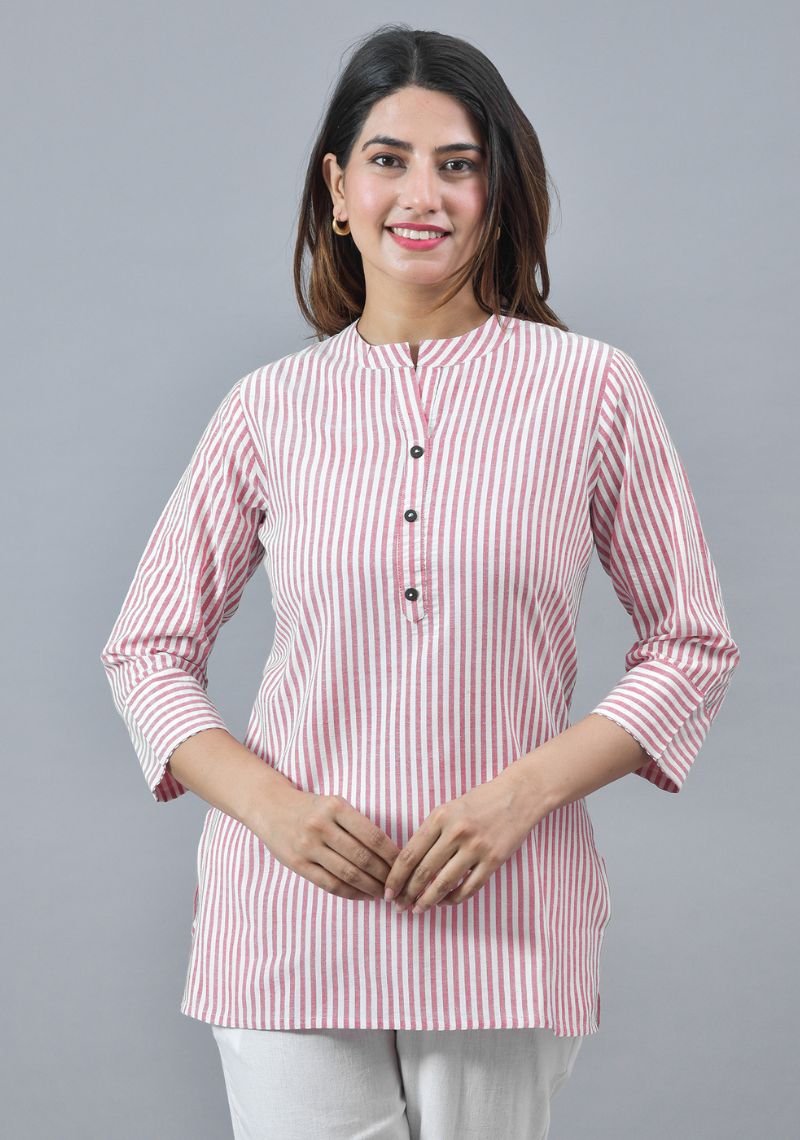 Pink White Cotton Stripe Women Top