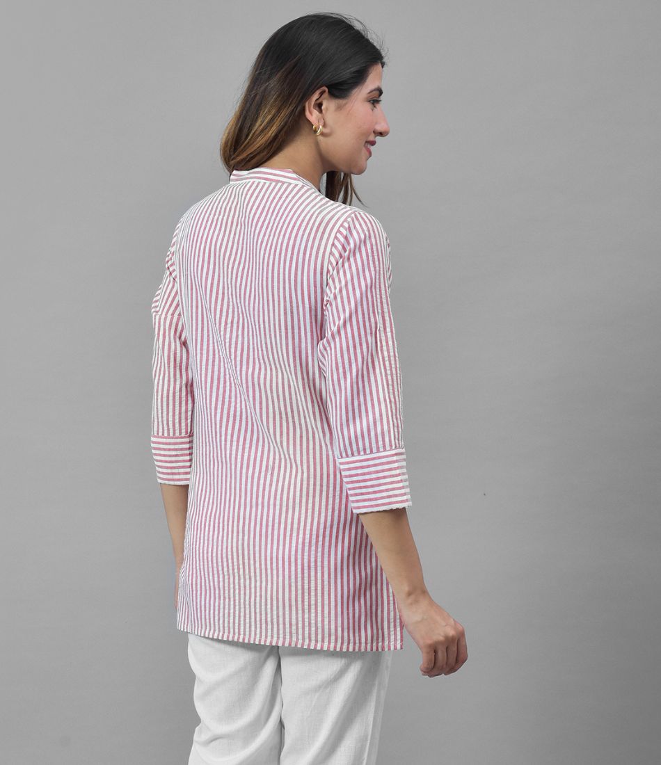 Pink White Cotton Stripe Women Top