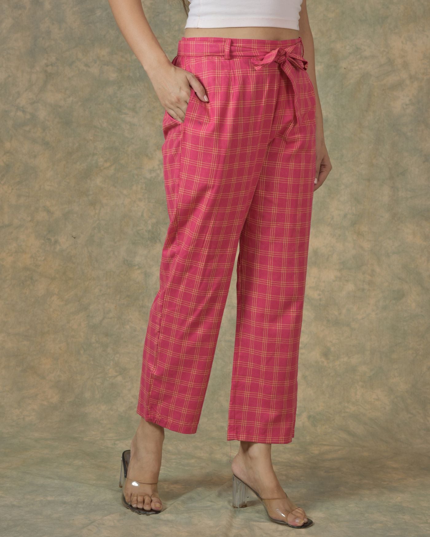 Pink Yellow Cotton Checks Belt Pant