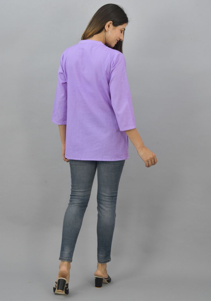 Purple Solid Cotton Flax Women Top