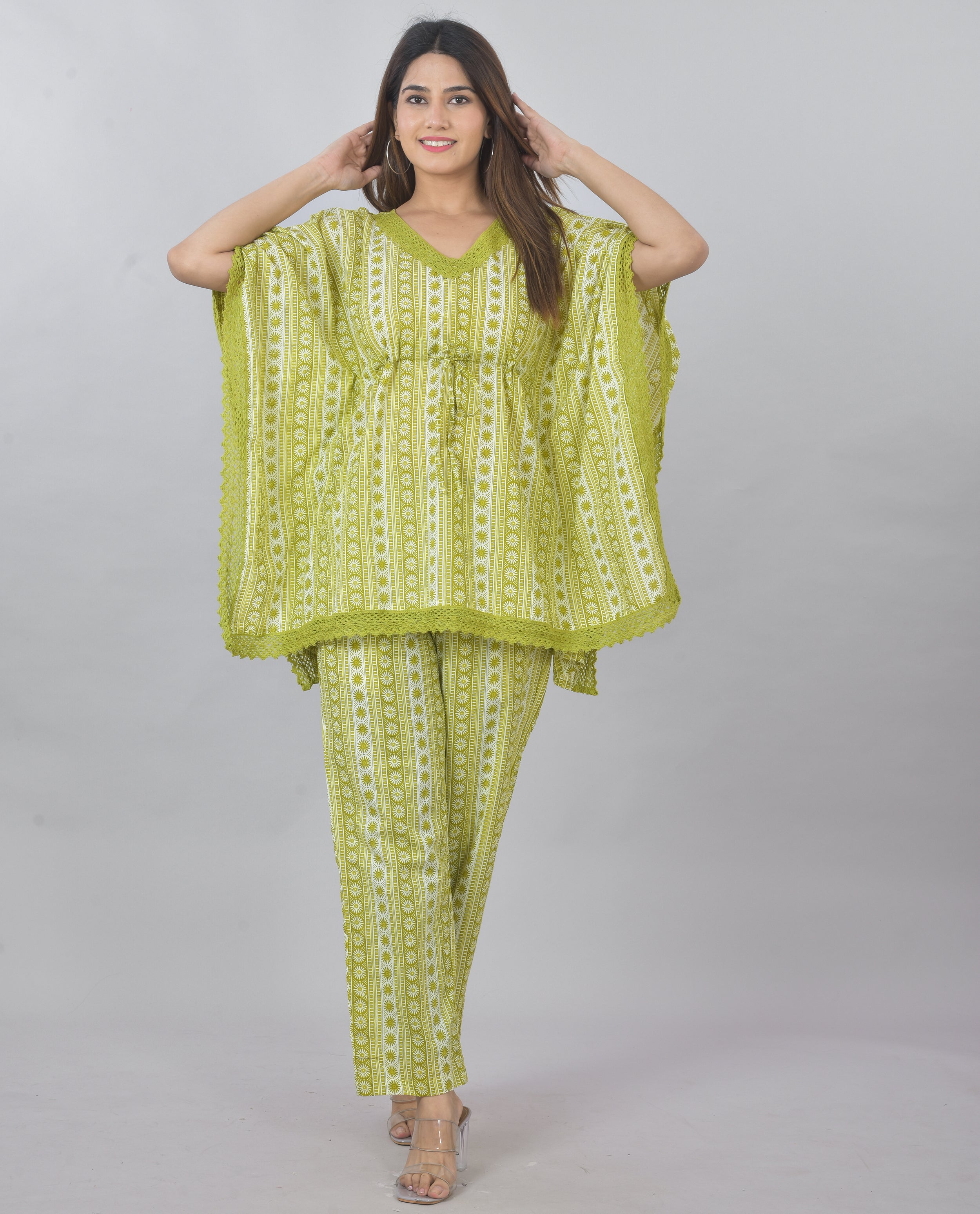 Plus Size Green  handblock kaftan cordset