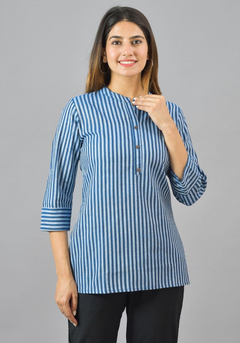 Sky Blue Navy Blue Cotton Stripe Women Top