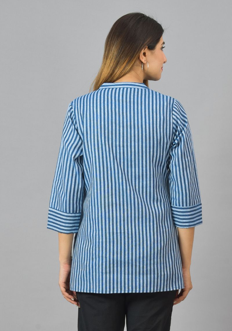 Sky Blue Navy Blue Cotton Stripe Women Top