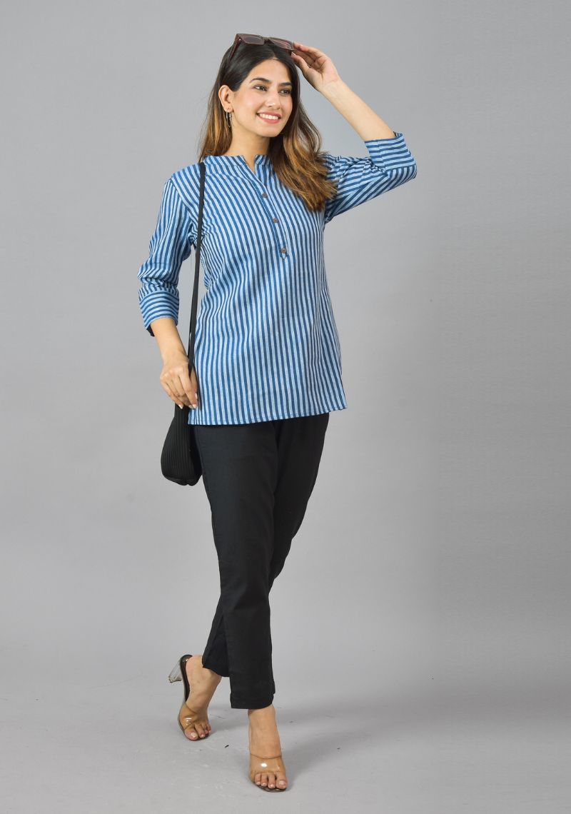 Sky Blue Navy Blue Cotton Stripe Women Top