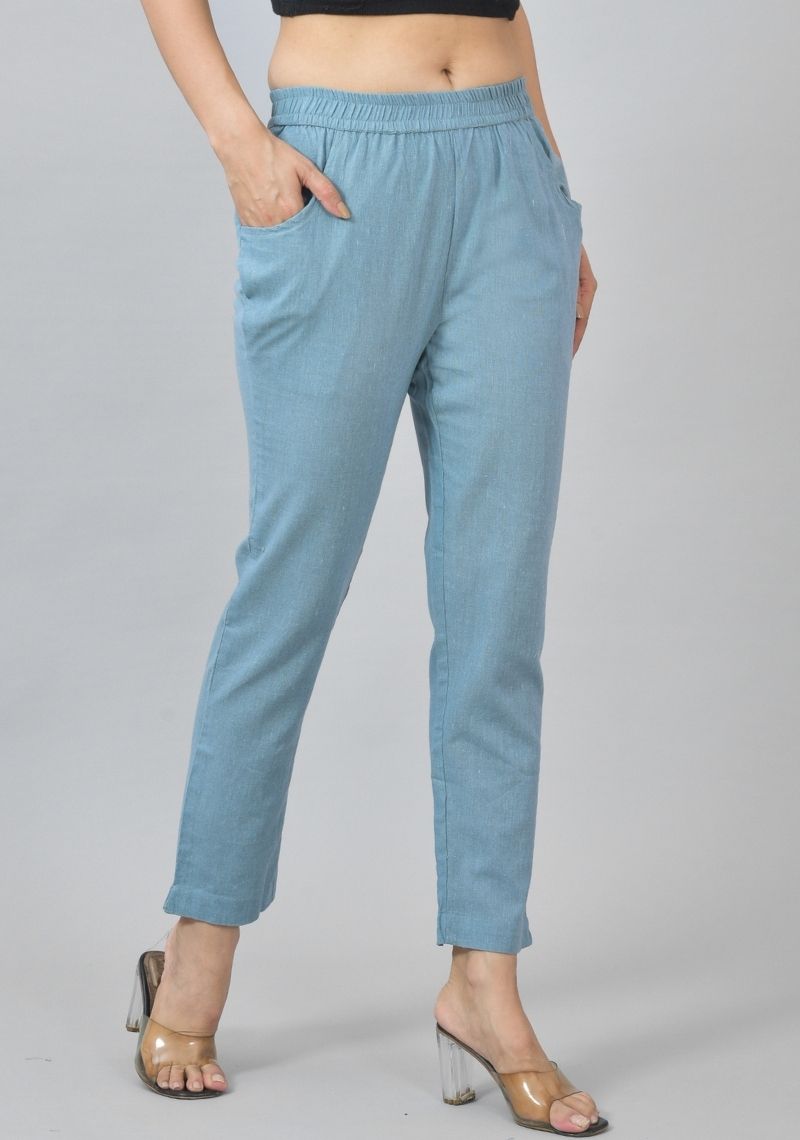 Sky Blue Solid Cotton Flax Trouser Pants