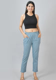 Sky Blue Solid Cotton Flax Trouser Pants