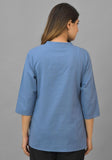 Sky Blue Solid Cotton Flax Women Top