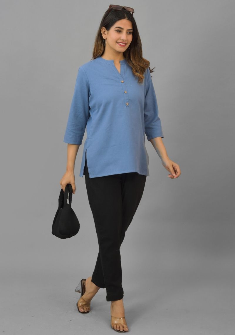 Sky Blue Solid Cotton Flax Women Top