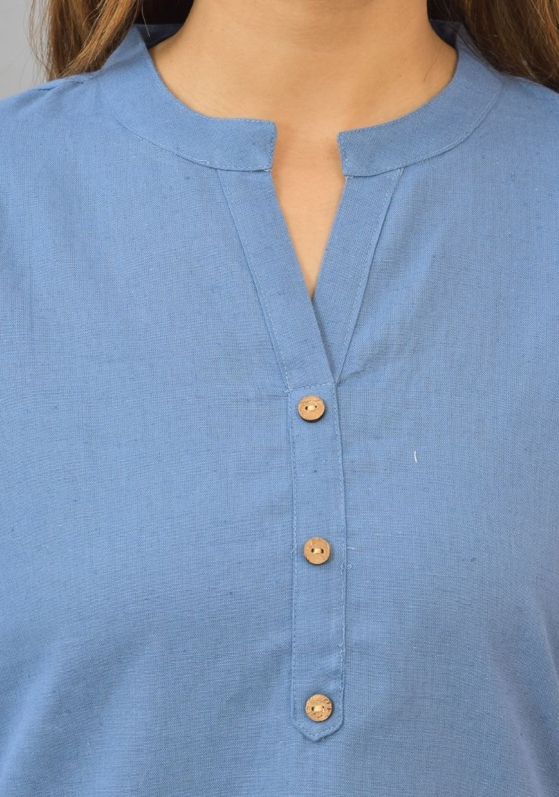 Sky Blue Solid Cotton Flax Women Top