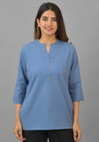 Sky Blue Solid Cotton Flax Women Top