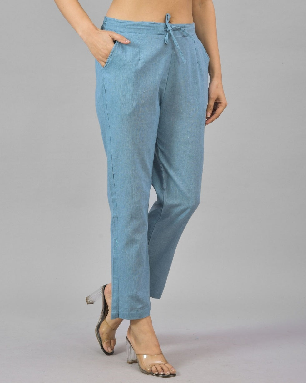 Sky Blue Solid Cotton Flax Women Trouser