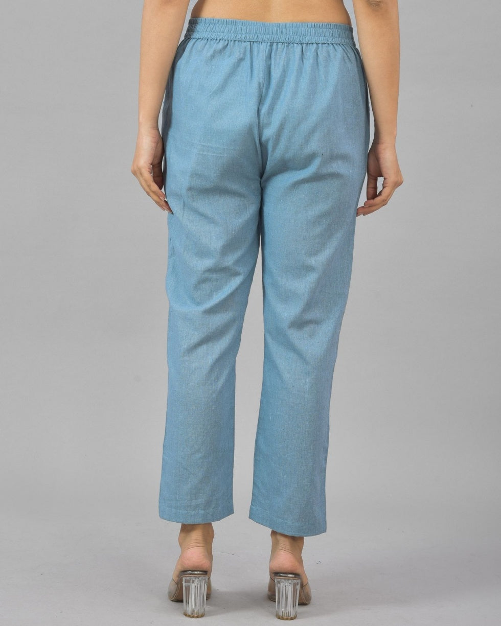 Sky Blue Solid Cotton Flax Women Trouser