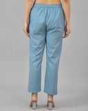 Sky Blue Solid Cotton Flax Women Trouser