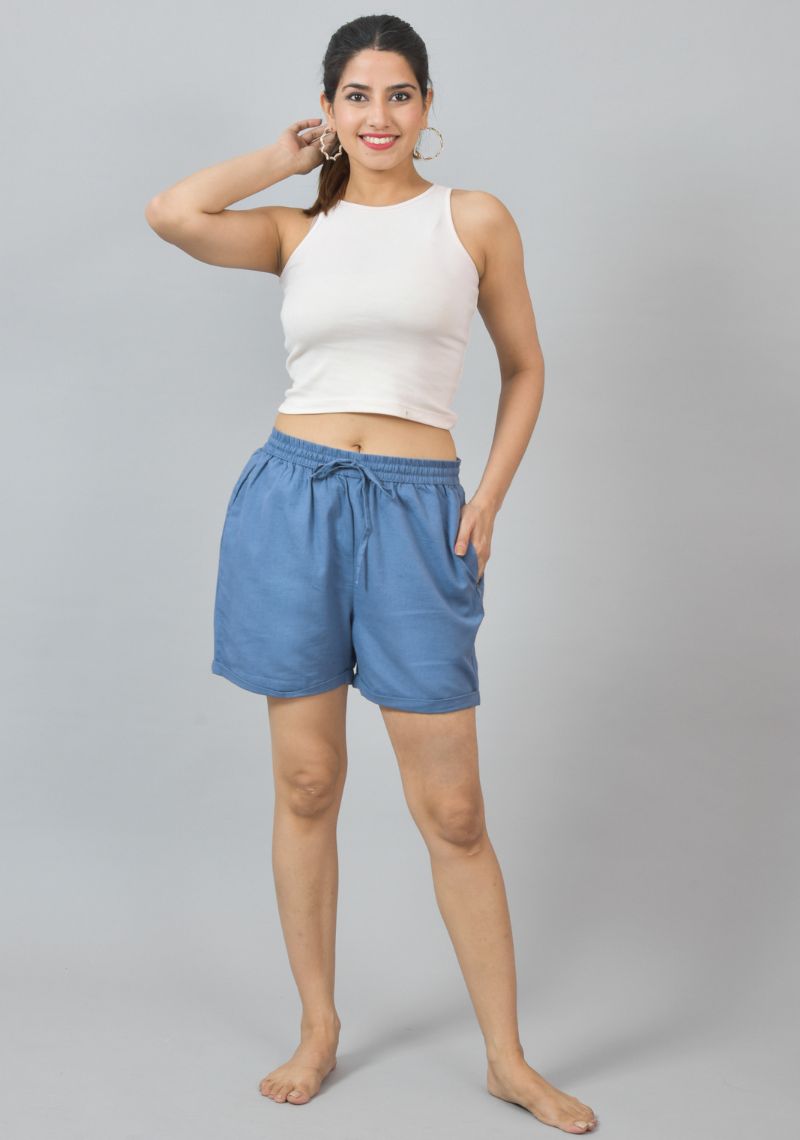 Sky Blue Solid Cotton Shorts