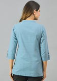 Sky Blue Solid Cotton Women Top