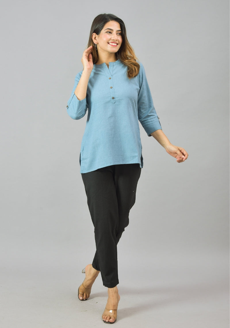 Sky Blue Solid Cotton Women Top