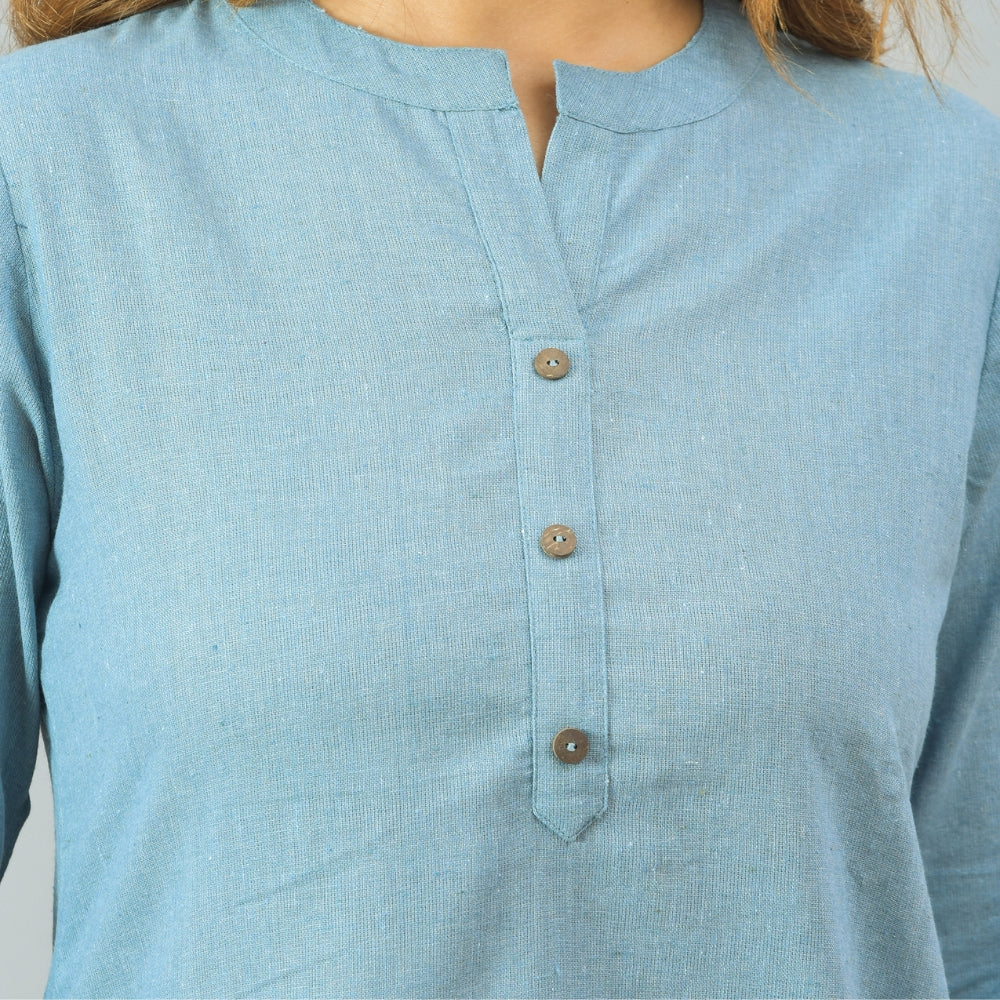 Sky Blue Solid Cotton Women Top