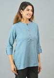 Sky Blue Solid Cotton Women Top