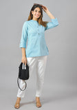 Sky Blue Solid Cotton Women Top