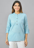 Sky Blue Solid Cotton Women Top