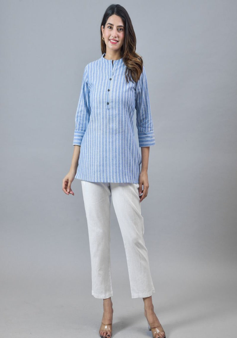 Sky Blue White Cotton Stripe Women Top