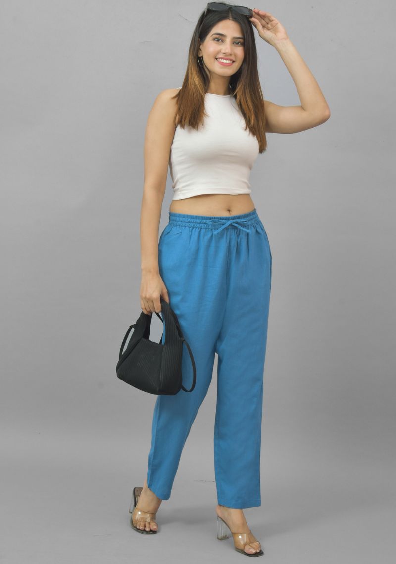 Teal Blue Solid Cotton Flax Trouser Pants