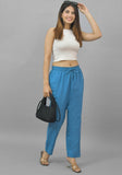 Teal Blue Solid Cotton Flax Trouser Pants