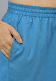 Teal Blue Solid Cotton Flax Trouser Pants